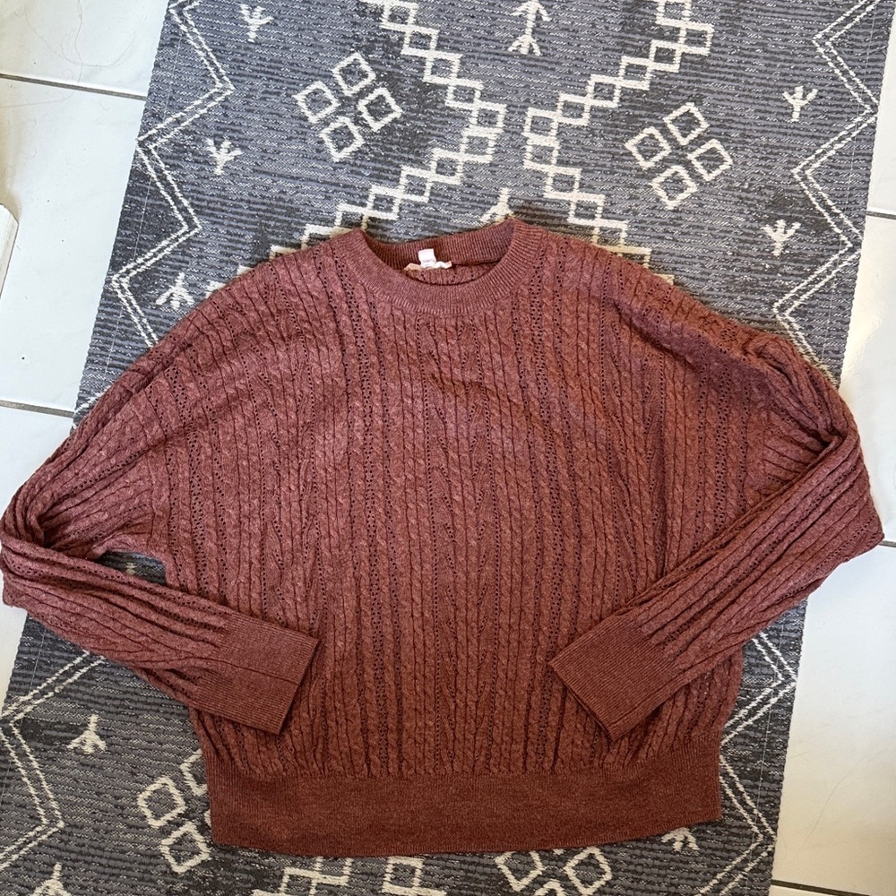 Como Vintage Open Stitch Cable Knit Rust Brown Orange Sweater Crew Neck Loose